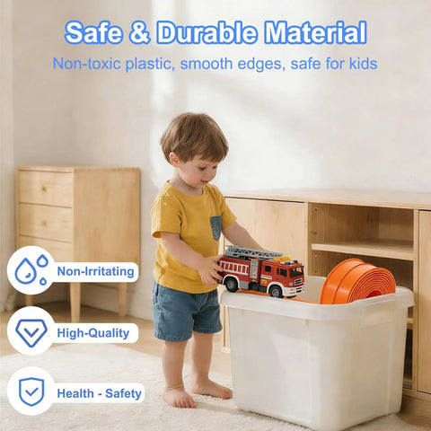 Child with Totally Flexible 15 Foot Race Track Set For Kids 3 Plus Bendable Car Ramp Track in storage bin, safe material emphasized.