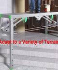 Adjustable Steel Scaffolding Ladder Workbench Built Like A Tank With 800 Lbs Load Capacity and Non Slip Pads for heavy-duty projects on uneven terrain.