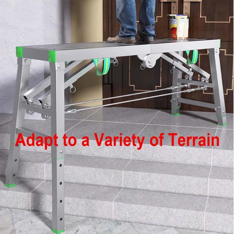 Adjustable Steel Scaffolding Ladder Workbench Built Like A Tank With 800 Lbs Load Capacity and Non Slip Pads for heavy-duty projects on uneven terrain.