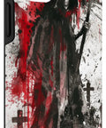 Gothic Grim Reaper Scythe Themed iPhone 12 And 12 Pro Case, depicting reaper with scythe on red and black background.