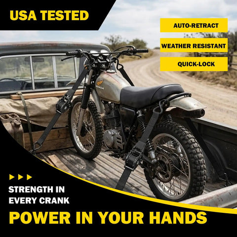 10 Foot Heavy Duty Retractable Ratchet Straps With Slick Auto Rewind System And Quick Release Clasp For Zero Drama Load Hauling 1800 Lb Grip Black Two Pack securing a motorcycle in a truck bed.