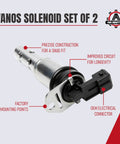 Close-up of Vanos Solenoid Oil Control Valve Set Two Pack For BMW Engine Timing Replacement with connector and mounting points.