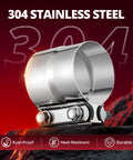 Heavy Duty Stainless Steel Lap Joint Exhaust Clamp 2.0 Inch Band Clamp with bolts and rust-proof features, red background