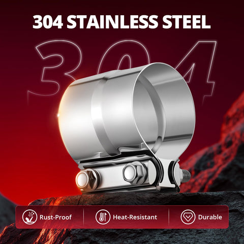 Heavy Duty Stainless Steel Lap Joint Exhaust Clamp 2.0 Inch Band Clamp with bolts and rust-proof features, red background
