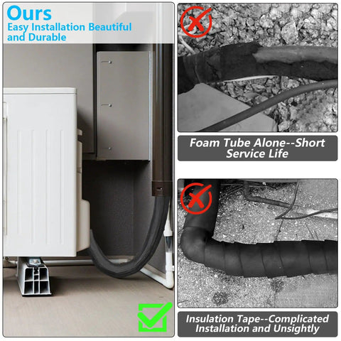 Three Layer Outdoor AC Pipe Insulation Wrap 72x10.2 Inches installed on outdoor unit, compared to foam and tape solutions.