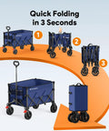 Foldable Utility Cart With 180L Capacity And 330lbs Beefed Up Weight Capacity Durable Beach Camping Shopping Cart With Drink Holders And Brakes Collapsible Steel Frame Ready For Any Adventure in blue showing folding steps.
