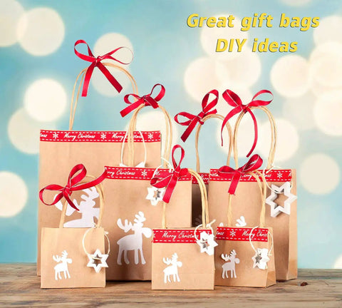 Bulk Kraft Shopping Bags With Handles 100 Count 10x5x13 Brown Paper Gift Bags With Christmas Decorations and Ribbons