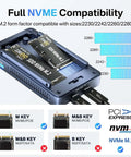 Heavy Duty Dual Bay M.2 Nvme Ssd Enclosure Featuring Quiet Cooling Fan And Lightning Fast 40Gbps Usb C Speeds with M.2 compatibility details.