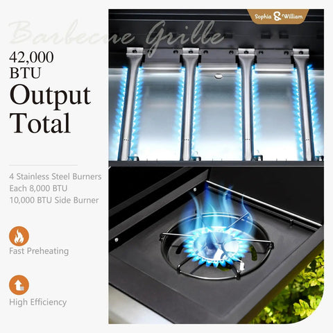 Close-up of 4 Burner Gas Grill With Side Burner And Porcelain Enameled Cast Iron Grates With Stainless Steel Burners 42,000 BTU