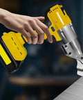 Hand using Beast Of A Brushless Cordless Metal Shear With 360 Degree Rotating Head For 20V Max Battery Platforms Cuts Sheet Metal