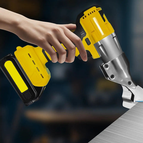 Hand using Beast Of A Brushless Cordless Metal Shear With 360 Degree Rotating Head For 20V Max Battery Platforms Cuts Sheet Metal