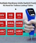 Portable Ultrasonic Hardness Tester On The Go Handy With Dual Test Heads Built In Storage Digital HV HRC HRB HB Scales For Metal Materials And Ultra Thin Workpieces Easy To Use With Low Impact Indentation And Quick Readouts, blue handheld tester in hand