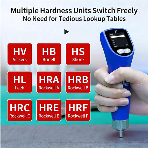 Portable Ultrasonic Hardness Tester On The Go Handy With Dual Test Heads Built In Storage Digital HV HRC HRB HB Scales For Metal Materials And Ultra Thin Workpieces Easy To Use With Low Impact Indentation And Quick Readouts, blue handheld tester in hand