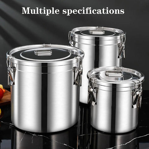 Heavy Duty 304 Stainless Steel Airtight Pantry Canister set with lids in multiple sizes on a dark countertop.