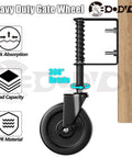 5 Inch Heavy Duty Gate Caster With Side Brake And Spring Loaded Shock Absorption 360 Degree Rotating Wheel mounted on wood