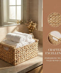 Natural Water Hyacinth Storage Baskets With Handles For Organizing Towels In Bathrooms And Your Go To Home Organizer on countertop