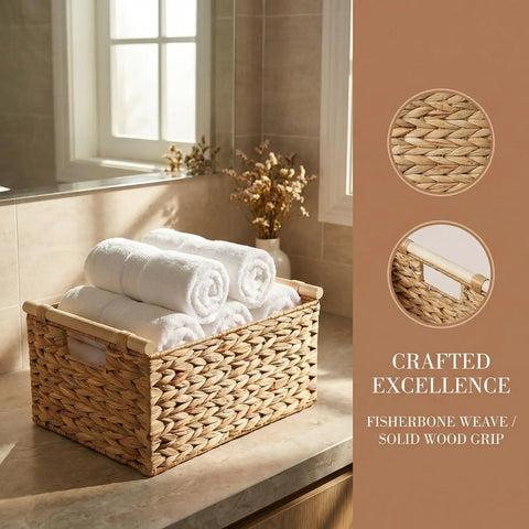 Natural Water Hyacinth Storage Baskets With Handles For Organizing Towels In Bathrooms And Your Go To Home Organizer on countertop