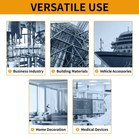 Image illustrating versatile use in business, building materials, vehicle accessories, home decoration, and medical devices.