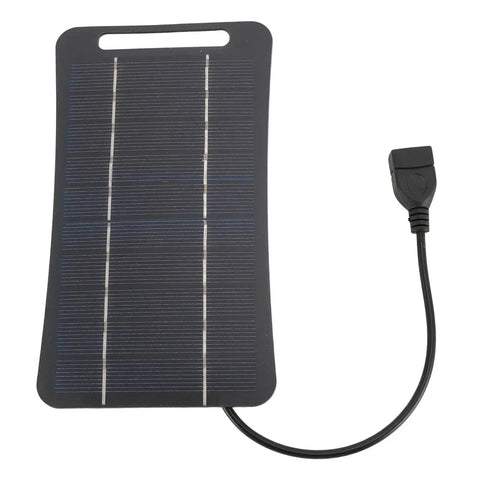 Your Go To Portable 5V 5W USB Solar Panel High Efficiency Monocrystalline Silicon Solar Charger With USB Output For Camping Travel Outdoor Home Lighting Small Power Black, showing front view with attached USB cable.