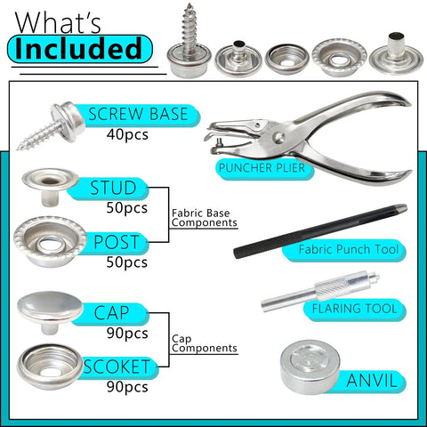324 Piece Canvas Snap Kit With Stainless Steel Marine Grade Snaps And Setting Tool Including Anvil Punch Flaring Tool And Pliers for DIY projects.