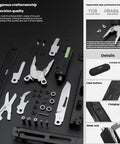 13-in-1 Full-Size Multitool With Ratcheting Screwdriver And Pliers Functions Crafted From Heat-Treated Steel For Serious EDC Carry displayed with various blades and parts.