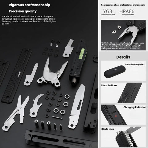 13-in-1 Full-Size Multitool With Ratcheting Screwdriver And Pliers Functions Crafted From Heat-Treated Steel For Serious EDC Carry displayed with various blades and parts.
