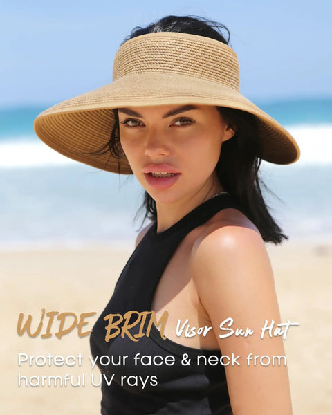 Womens Straw Sun Hat With Ponytail Hole And Wide Brim Beach Visor Khaki Ultimate Sun Protection