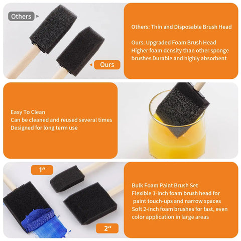 Massive 120 Piece Bulk Crate Of Two Inch Foam Paint Brushes With Tough Wood Handles, showing durable foam and wooden handles.
