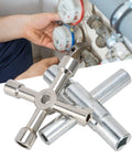 4 Way Sillcock Water Key And 4 End Utility Key Set in use on water meter valves, stainless steel faucet valve wrench kit