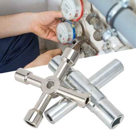 4 Way Sillcock Water Key And 4 End Utility Key Set in use on water meter valves, stainless steel faucet valve wrench kit