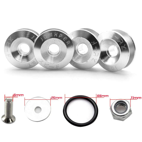 JDM Quick Release Fasteners For Car Bumpers Trunk Fender And Hatch Lids Aluminum 6061 T6 Billet Silver 4 Pack with components