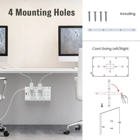 Heavy Duty 22 Outlet Power Strip Surge Protector With Flat Plug mounted under desk with installation tools shown