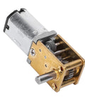 Side view of mini DC gear motor with brass worm-gear gearbox and silver housing