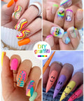 Colorful nail designs using 12 Color 3D Nail Art Pen Set For DIY Mani with vibrant ink pens for accents, lines, dots, and glitter.