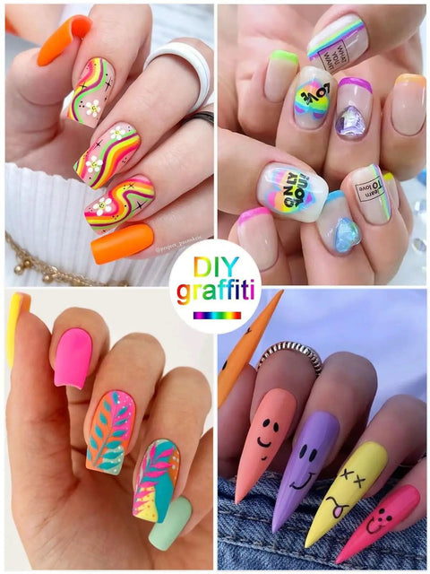 Colorful nail designs using 12 Color 3D Nail Art Pen Set For DIY Mani with vibrant ink pens for accents, lines, dots, and glitter.