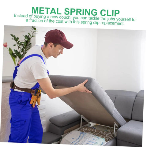 Person fixing couch using Thickened Sofa Spring Clips 100 Piece Set for Quick Couch Fixes and Upholstery Support Durable Metal Furniture Repair Clips.