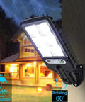 JUDYSSY 128Cob Solar Lights Outdoor Waterproof mounted on wall, bright LEDs, IP65 rated, rotating 60 degrees for motion detection.