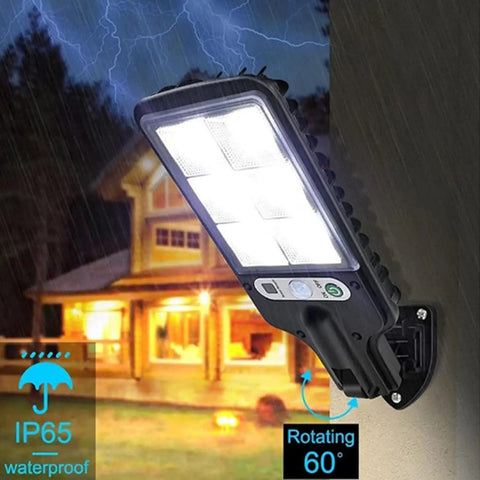 JUDYSSY 128Cob Solar Lights Outdoor Waterproof mounted on wall, bright LEDs, IP65 rated, rotating 60 degrees for motion detection.