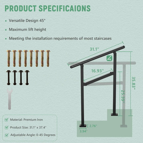 2 Pack Rock Solid Outdoor Step Handrails For Stairs, Adjustable Heavy Duty Steel Porch Railing specifications including sizes and material.