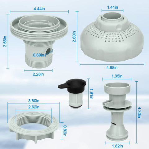 Large Inlet Air Nozzle For Above Ground Pool Pumps 1900 2450 GPH, Pro Grade Inlet Air Jet Kit with dimensions shown
