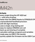 DM42n RPN Scientific Calculator With Hella Sharp 34 Digit Math Power showcasing tech specs and features on a light background.