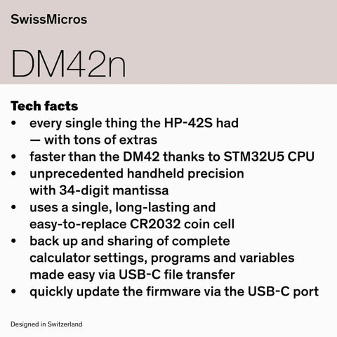 DM42n RPN Scientific Calculator With Hella Sharp 34 Digit Math Power showcasing tech specs and features on a light background.