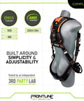 Back view of rugged combat vest style harness with front side D-rings and suspension trauma straps, size 2/3XL, OSHA and ANSI compliant.