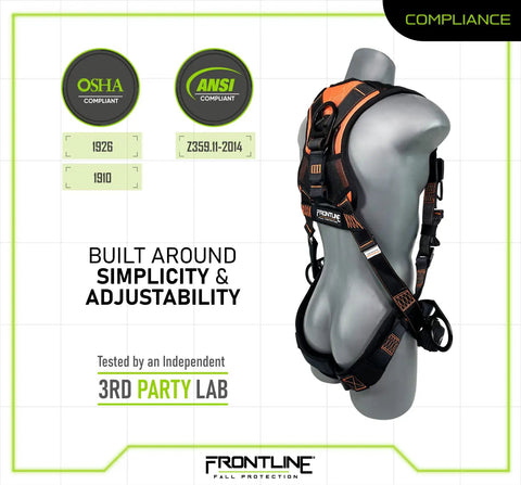 Back view of rugged combat vest style harness with front side D-rings and suspension trauma straps, size 2/3XL, OSHA and ANSI compliant.