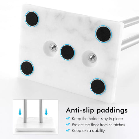 Bottom view of marble base with anti-slip pads for tall free standing toilet paper holder with marble base for easy reach.