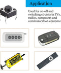 Application examples for 180-Piece Tactile Push Button Switch Kit With 10 Value Sizes in electronics like remotes and panels.