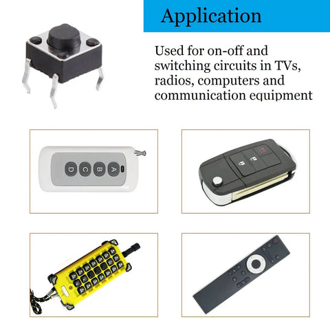 Application examples for 180-Piece Tactile Push Button Switch Kit With 10 Value Sizes in electronics like remotes and panels.