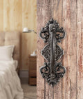 Heavy Duty 2 Pack 5.46 Inch Dark Brown Cast Iron Barn Door Handles Rustic Vintage Gate Fence Outdoor Garage Closet Cabinet Drawer Pulls Sturdy Rust Resistant Long Lasting With Retro Charm installed on wooden door