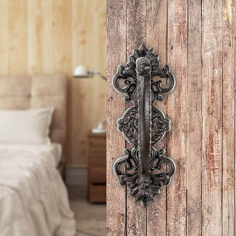 Heavy Duty 2 Pack 5.46 Inch Dark Brown Cast Iron Barn Door Handles Rustic Vintage Gate Fence Outdoor Garage Closet Cabinet Drawer Pulls Sturdy Rust Resistant Long Lasting With Retro Charm installed on wooden door