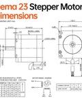 YEJMKJ NEMA 23 2-phase stepper motor dimensions diagram; front and side views show 57×55 mm housing and 21 mm shaft.